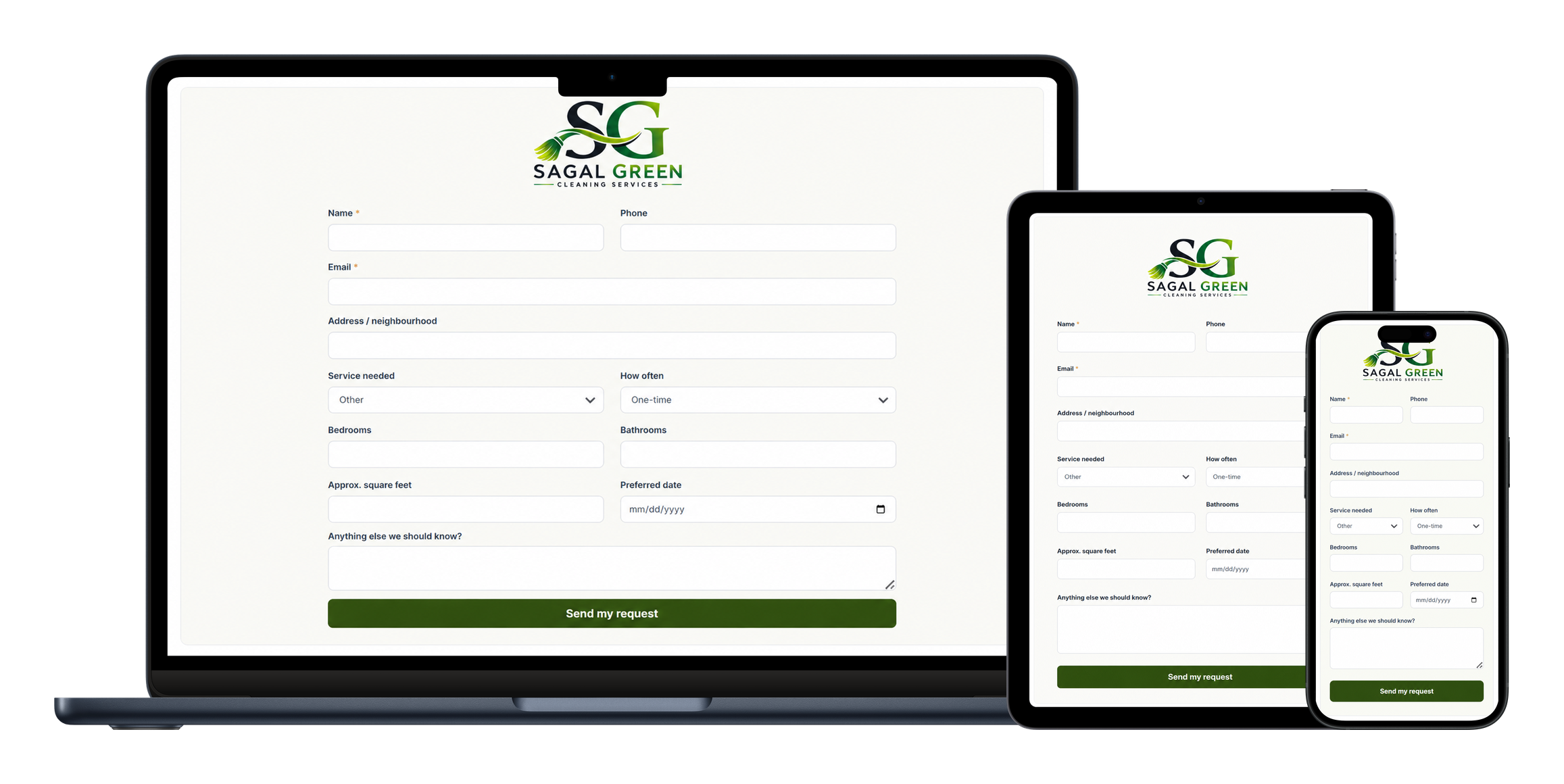 Sagal Green online quote request form on laptop, tablet, and mobile devices